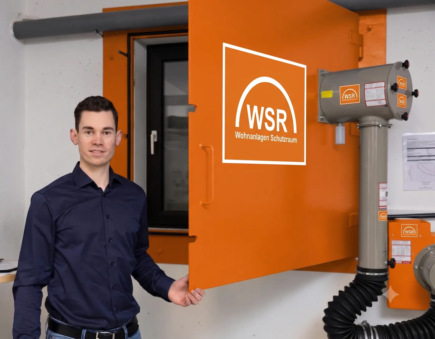 WSR-Experte an der orangen Schutzraumtür mit Belüftungs- und Filteranlage